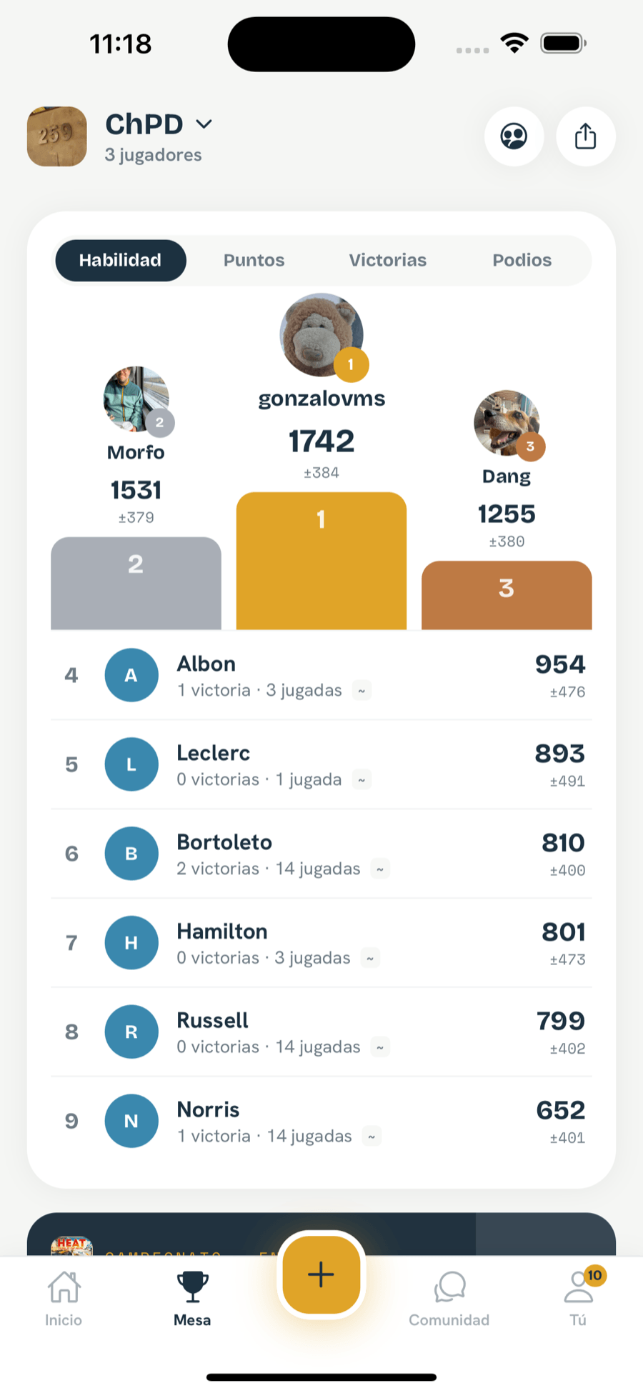 Tabla de liga en vivo